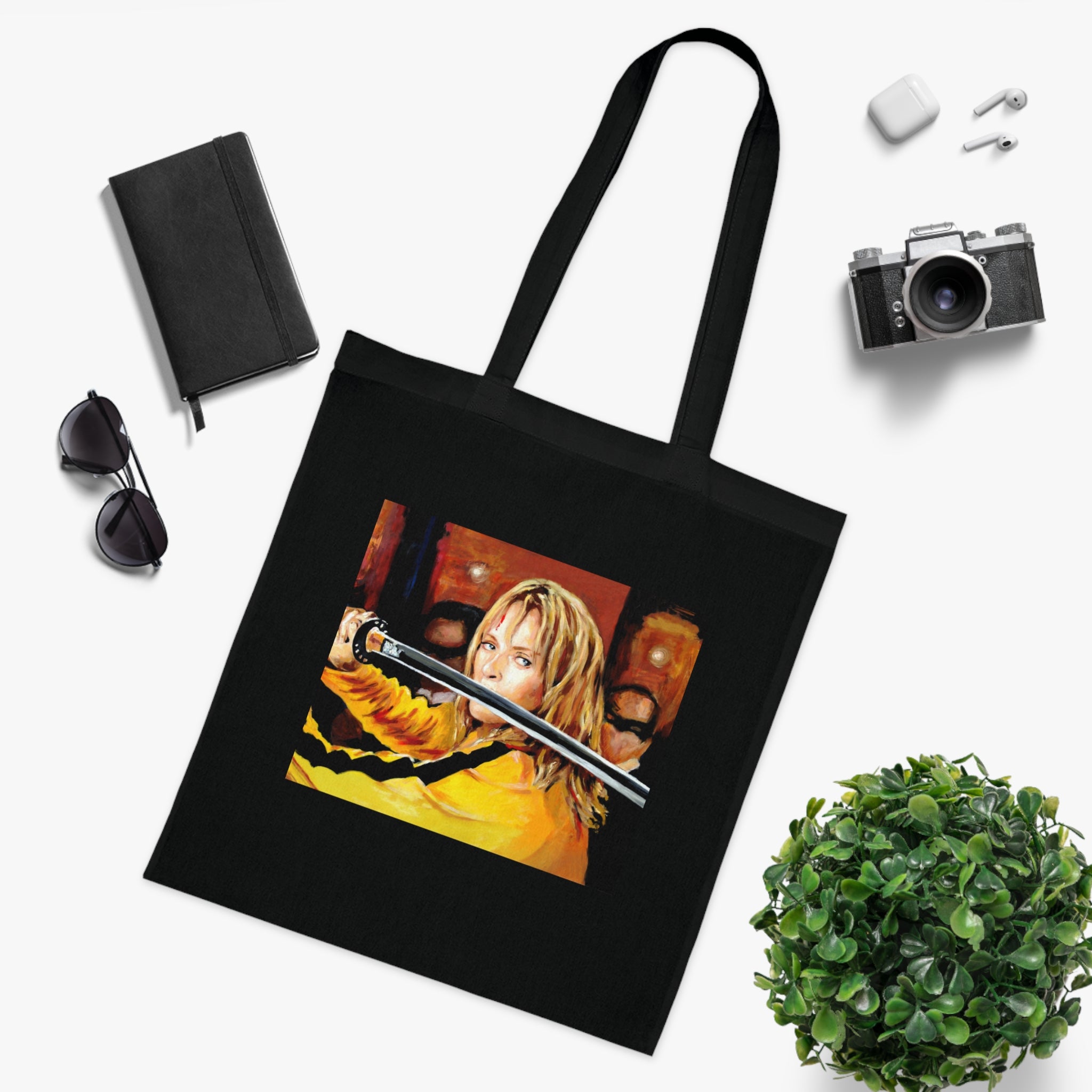 Kill Bill Cotton Tote Bag - Quentin Tarantino Movie Inspired, Retro Film Fan Gift, Graphic Print Shopping Bag, Yellow Black Movie