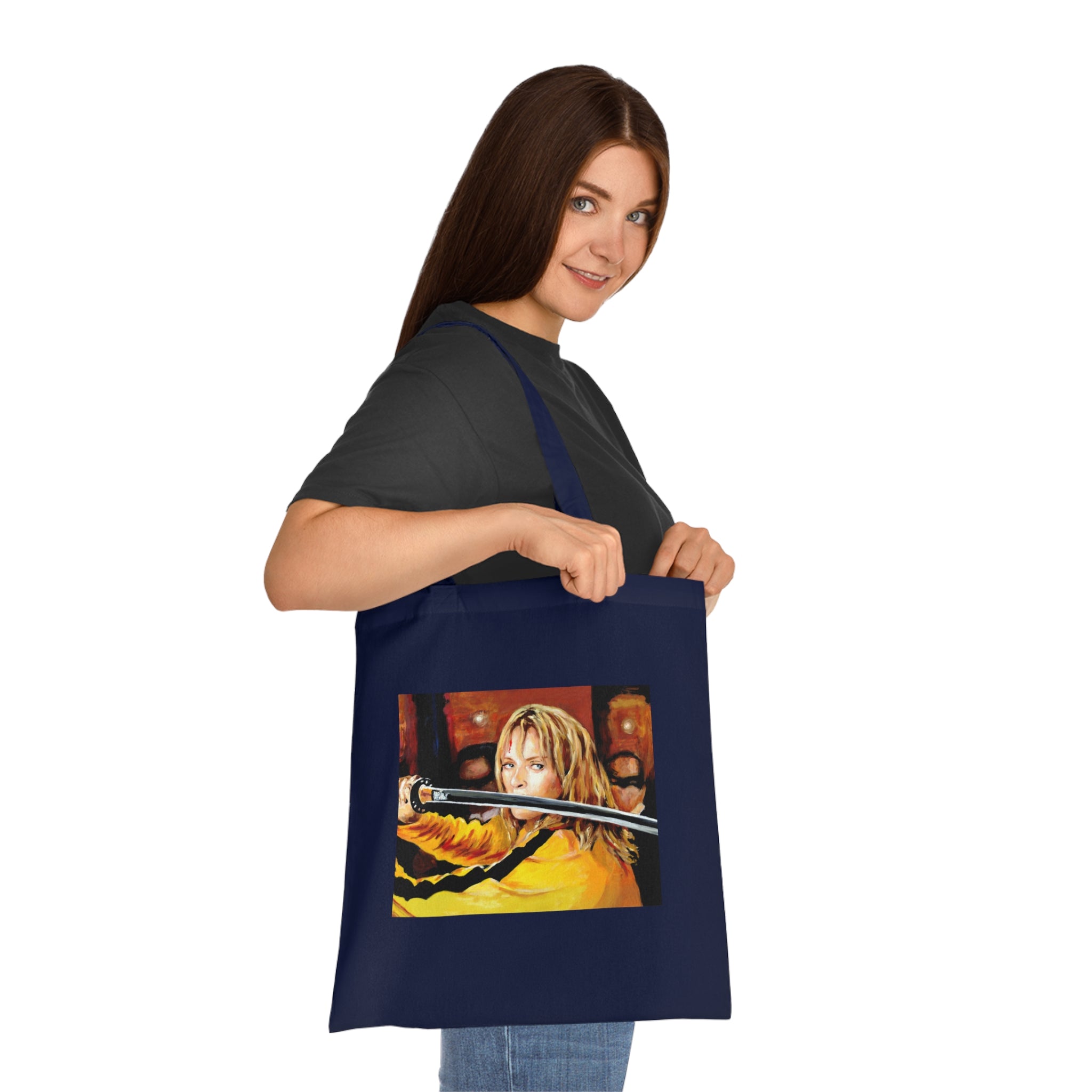 Kill Bill Cotton Tote Bag - Quentin Tarantino Movie Inspired, Retro Film Fan Gift, Graphic Print Shopping Bag, Yellow Black Movie