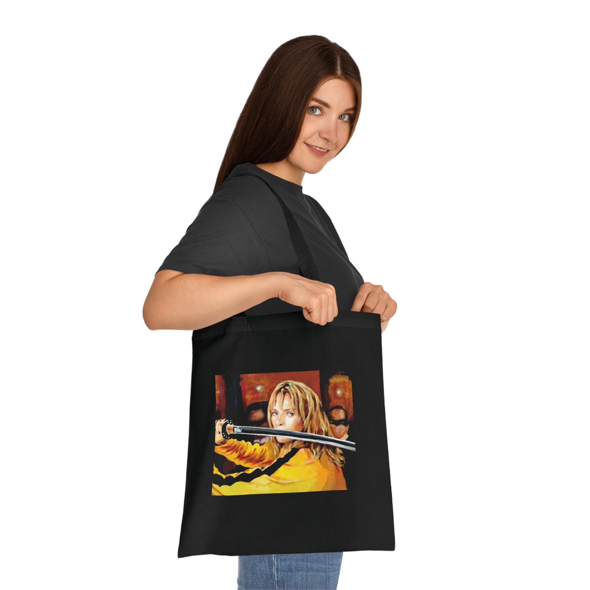Kill Bill Cotton Tote Bag - Quentin Tarantino Movie Inspired, Retro Film Fan Gift, Graphic Print Shopping Bag, Yellow Black Movie
