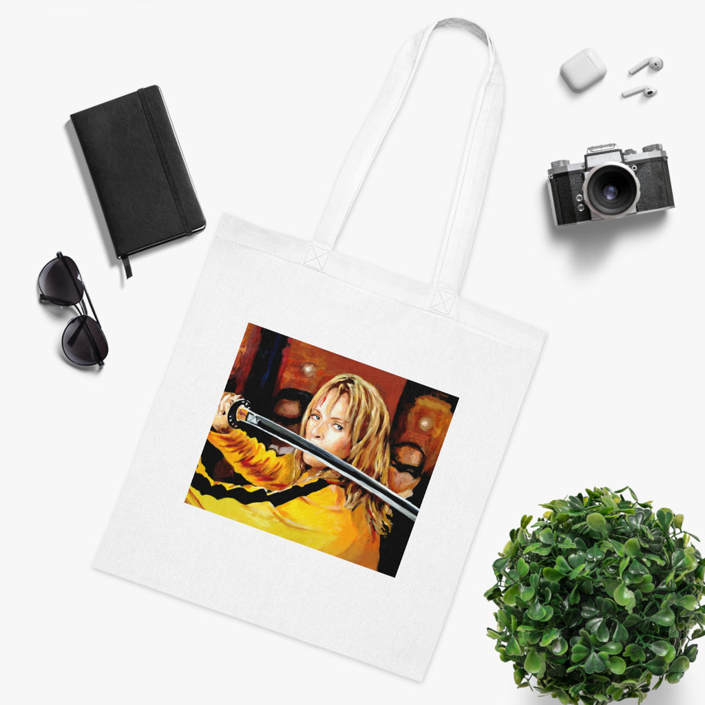 Kill Bill Cotton Tote Bag - Quentin Tarantino Movie Inspired, Retro Film Fan Gift, Graphic Print Shopping Bag, Yellow Black Movie